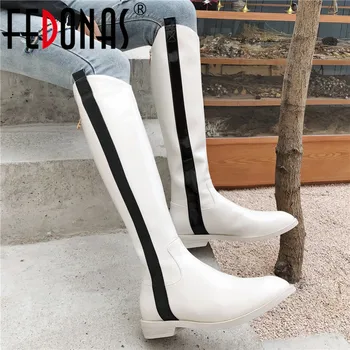 

FEDONAS 2020 New Women Genuine Leather Knee High Boots Fashion Night Club Shoes Woman Zipper Square Heels Big Size Riding Boots