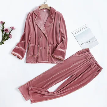 

Winter Women's Pajamas Set Golden Velvet Sleepwear Double Breasted Cardigan Lapel Pyjamas Fashion Korean Homewear Keep Warm
