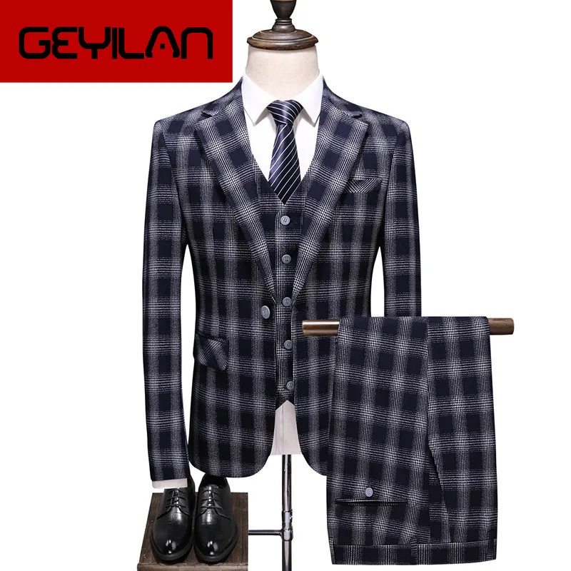 

Men's suit men's business casual suit three-piece suit spring and autumn black plaid slim formal suit set prom party men's dress