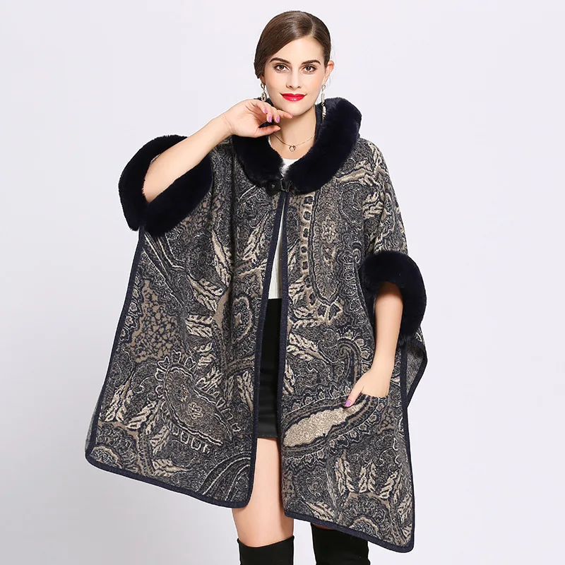 

High Quality Women Retro Clock Winter Thick Loose Cape Hooded Plus Size Knitted Jacquard Florals Faux Fur Patchwork Ponchos