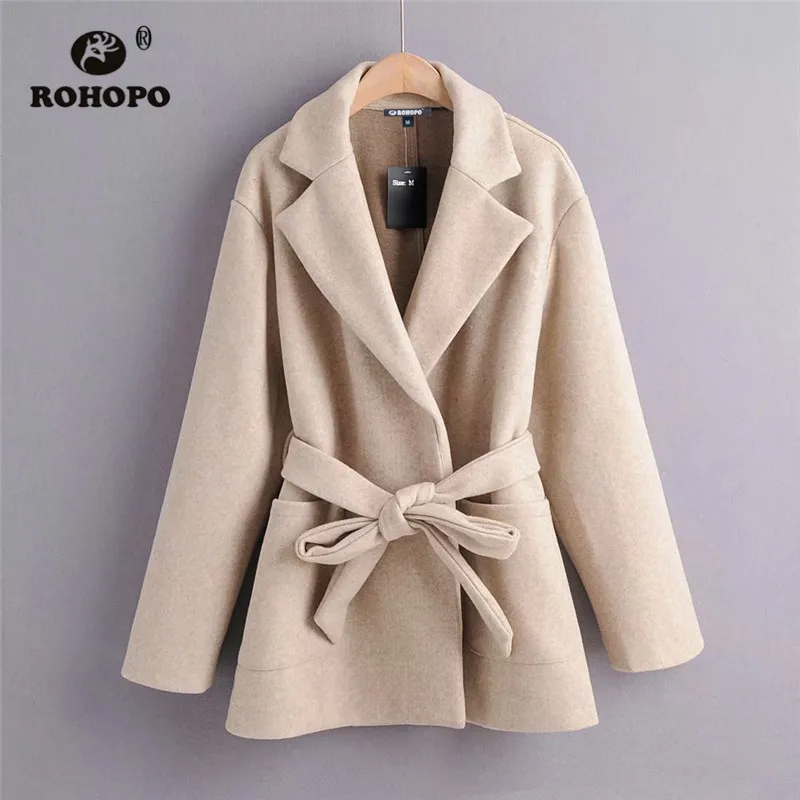 

ROHOPO Notched Collar Bow Belted Side Pockets Khaki Blend Coat Ladies Aautumn/Winter Wool Blend Outwear Coats #282