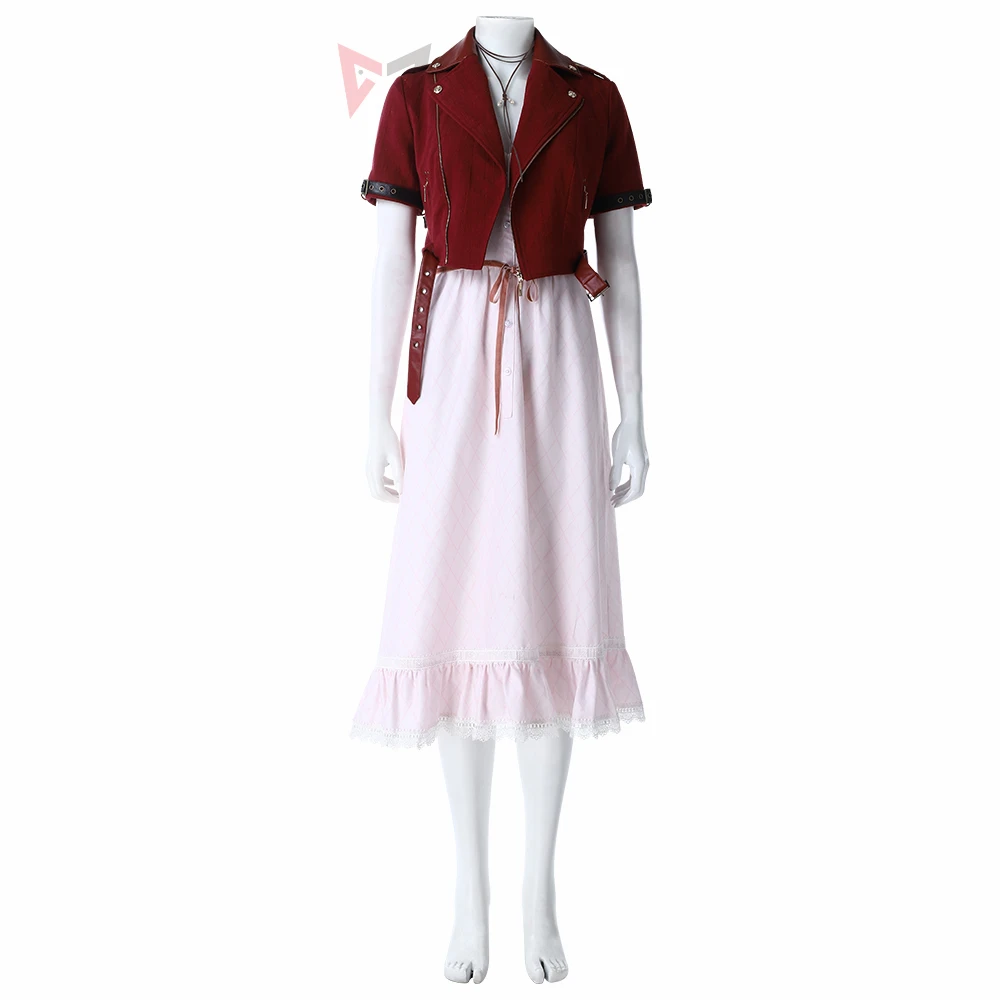 

Final Fantasy Cosplay Costume Vii Aerith Set Halloween Red Coat Grid lace Dress hairpin neklace for women girl Custom mad