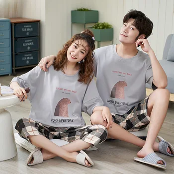 

2020 summer Korean couple pajamas set cotton swanky women homewear cute loose couple suit men 20% off the second item MYRTLE