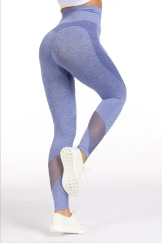 Высокая талия бесшовные спортивные тренировочные трико для женщин животик контроль тренажерный зал Спортивные Леггинсы дышащая сетка штаны для йоги и фитнеса - Цвет: Синий