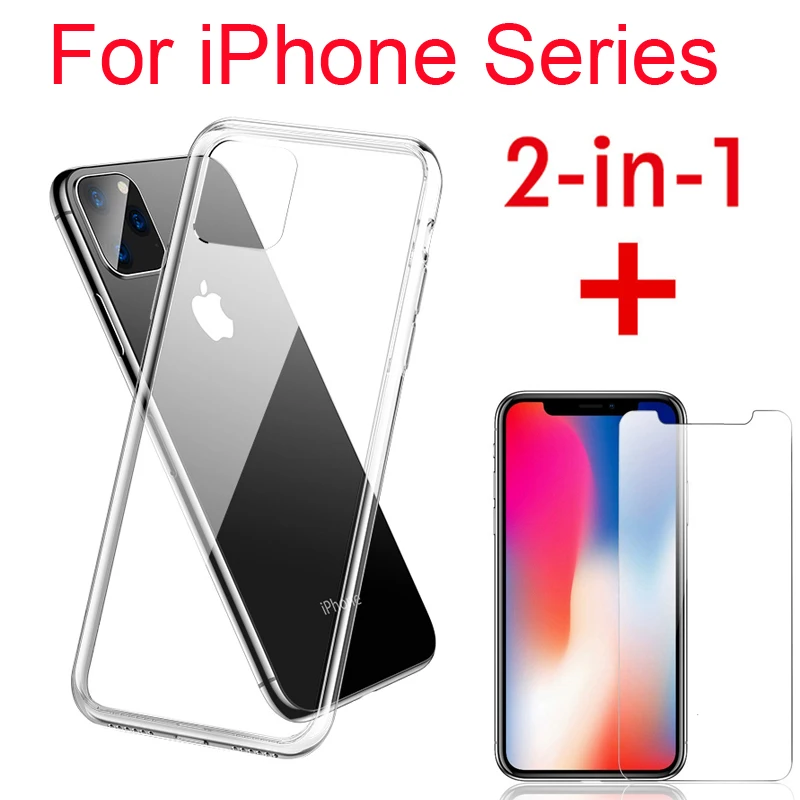 

2 in 1 Case Slim Clear Soft TPU Cover Front Tempered Glass For iPhone 11 Protective Glass Screen Protector for iPhone 11 Pro Max