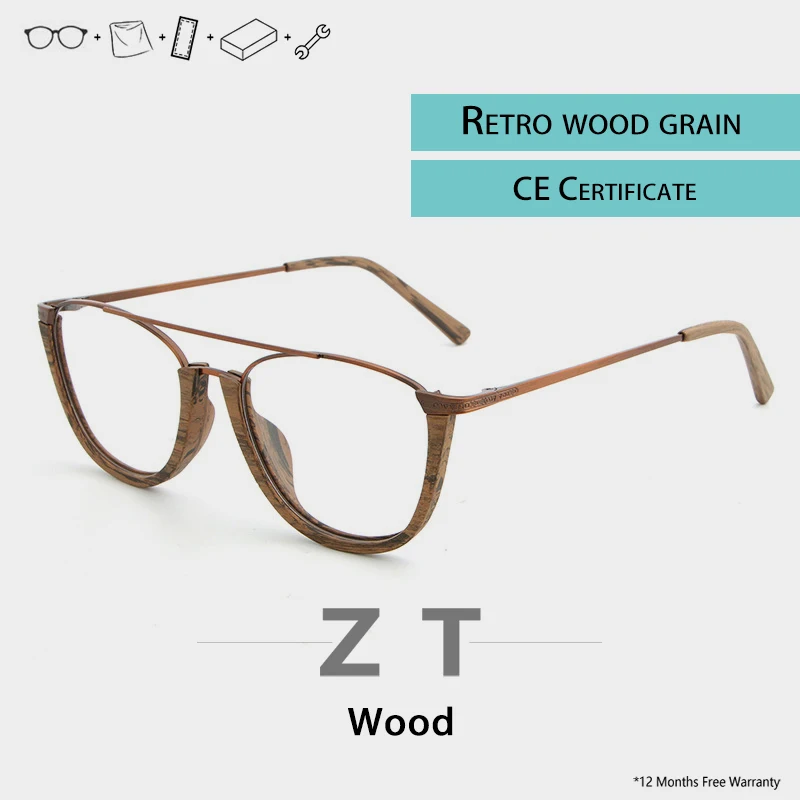 

ZT Vintage Pilot Glasses for Women Men Wooden Spectacle Frames Nerd Ultralight Uv400 Prescription Rimless Transparent Glasses
