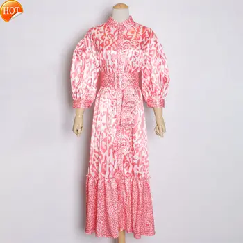 

3/4 Bohemian Women Sleeve Dress Button UP Belted High Waist Midi Dress