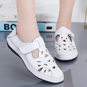 

2020 Summer genuine leather retro women sandals soft-soled beach shoes woman flat-hollow thick-soled footwear size 35-42