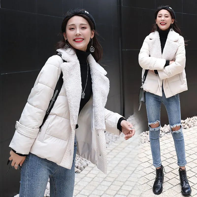 

Lambs Wool Fold-down Collar down Feather Cotton-padded Clothes Women's Short 2019 Winter New Style Korean-style Loose-Fit Slimmi