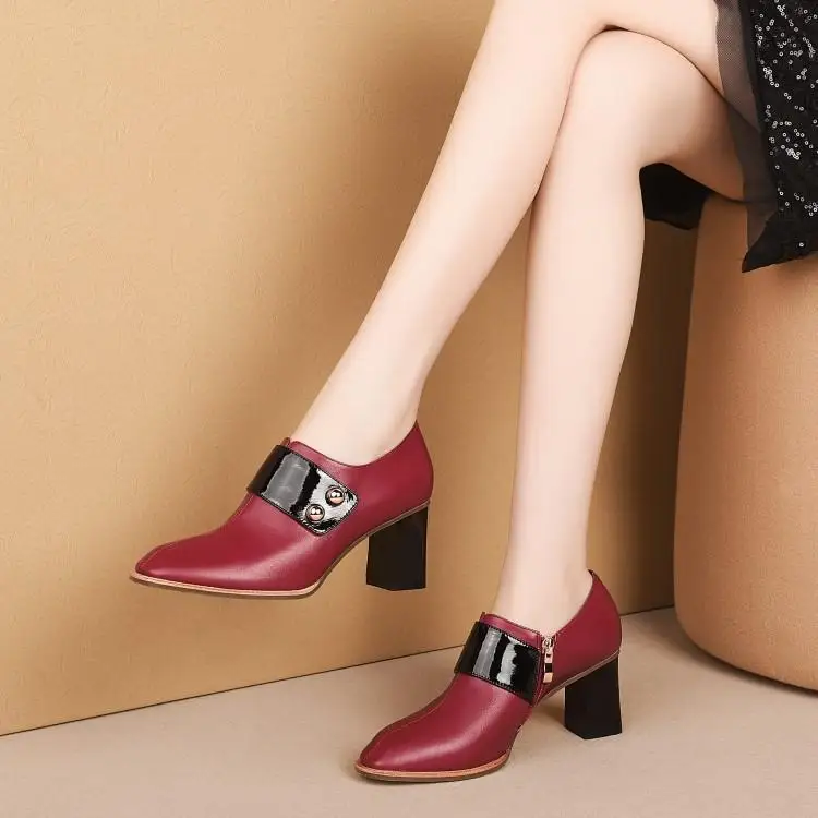 

Single woman shoes head deep autumn fashion color matching leather zipper mouth thick with high heels head layer cowhide
