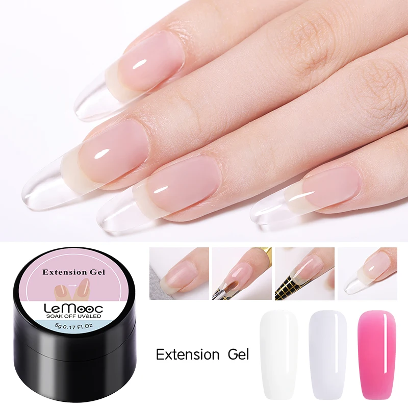 LEMOOC, Кристальный, удлиняющий УФ-лак для ногтей, полистроительный, для наращивания ногтей, Гель-лак для ногтей, розовый, белый, прозрачный, гелевый гель для ногтей, 5 г