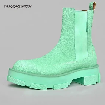 

Round Toe Mid-tube Short Chelsea Boots Chunky Sole Fashion Breathable Green Platform Cow Suede Autumn Mid Thick Heel Shoes Women