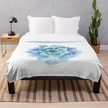 

Watercolor blue tones succulent illustration Blanket Wool Flannel Plush Blanket Bedspread For office Sherpa Blanket Couch Quilt