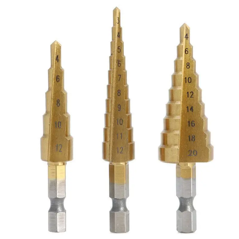 3 Pcs High-Speed Steel Step Drill Bit Set Power Tools Cone Titanium Coated Metal Hole Cutter 1/4 in