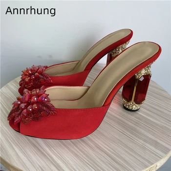 

Chic 2020 Beading Butterfly-flower Decor Slippers Women Jeweled Heel Party Shoes Red Suede Peep Toe Runway Shoes Woman