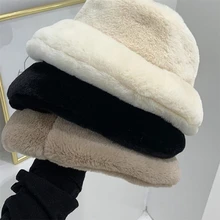 Меховая Толстая теплая зимняя шапка-ведро для женщин, одноцветная, для девушек, плоская подошва, бархат, модные женские плюшевые шляпы 56-58 см