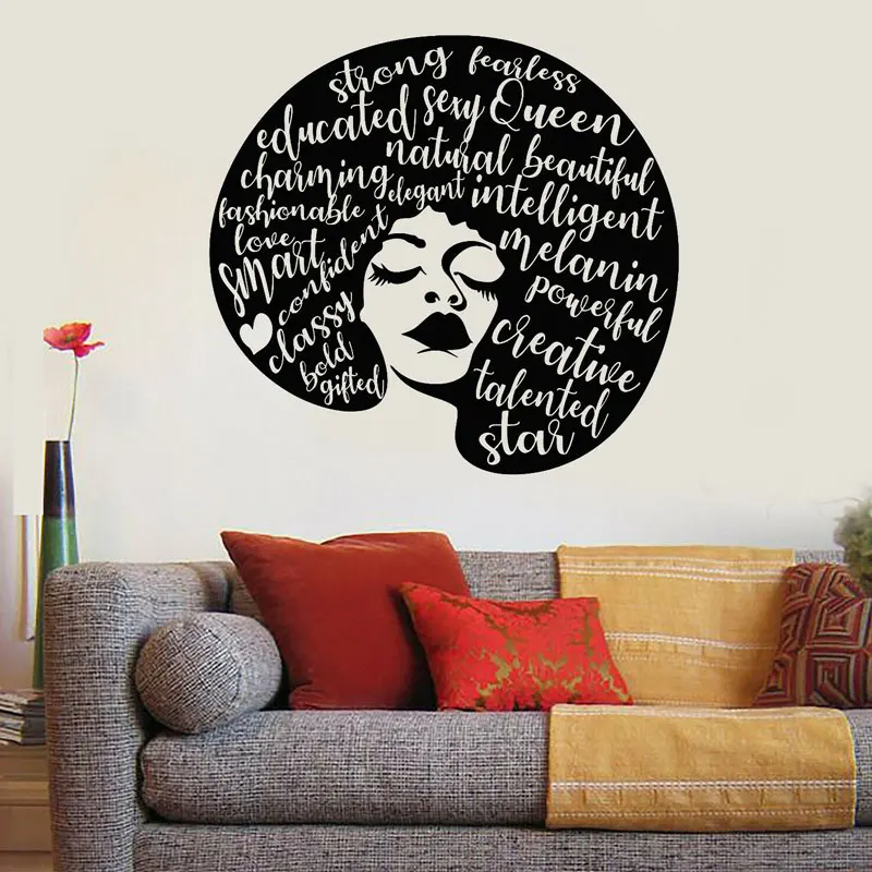 

Creative Design Female Face Girl Head Quote Hair Afro Style Wall Sticker Vinyl Barber Shop Hair Salon Decal Removable Mural S125