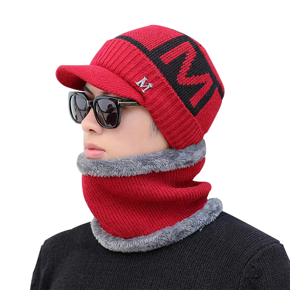 style letter Men Knit Cap with Neck Gaiter Knit Visor Beanie Fleece Lined Thickened Cap Set ASD88 - Цвет: style letter