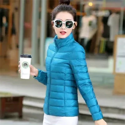 Lakeblue Однотонные короткие тонкие пуховые пальто со стоячим воротником для женщин, осенне-зимние теплые пальто мягкого размера плюс, женские модные простые тонкие пуховые пальто - Цвет: Lakeblue