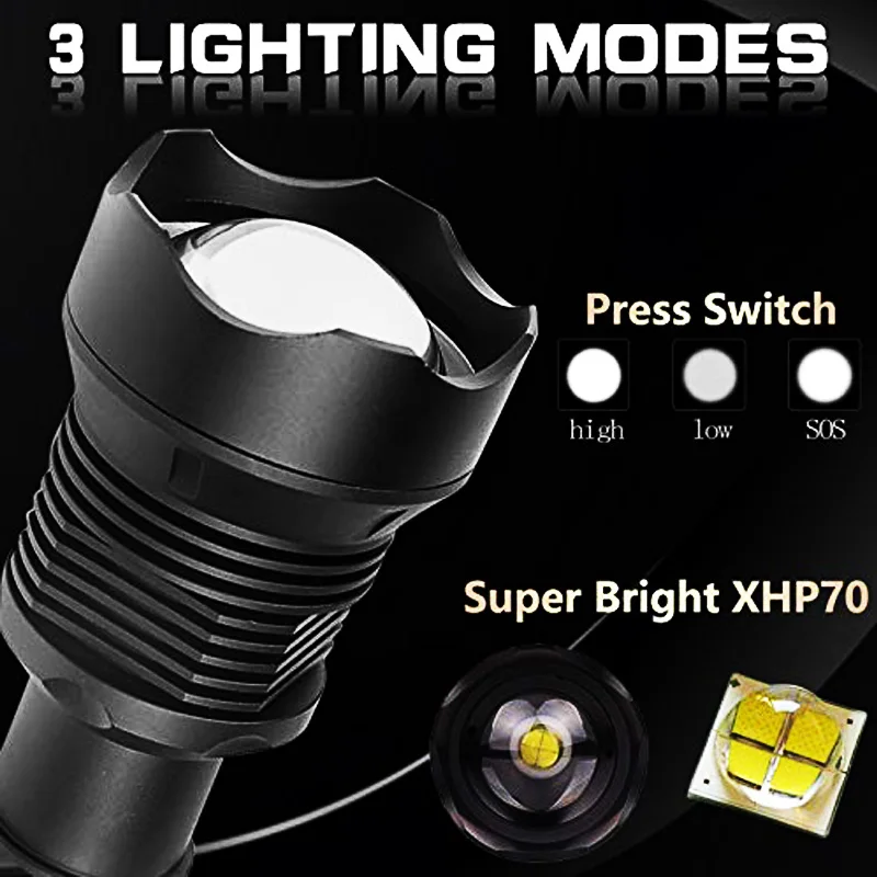 T20 LED Flashlight XHP70.2/XHP50 Powerful LED Torch High Lumens Adjustable Focus USB Rechargeable Handheld Light for Outdoor