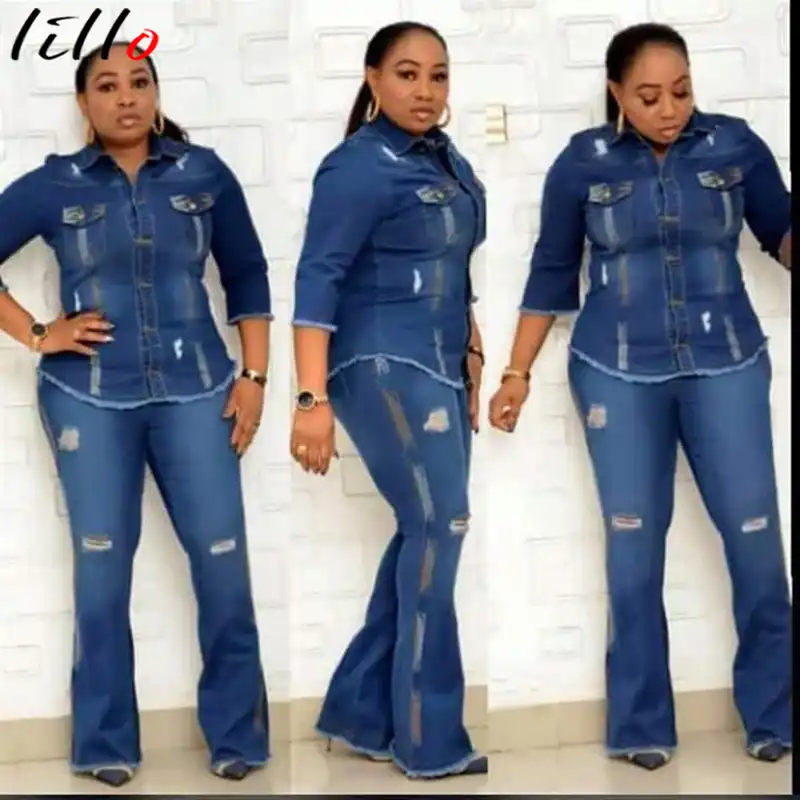 denim two piece pants set