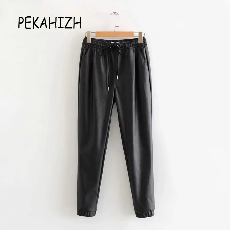 Осенне-зимние брюки с высокой талией женские черные из искусственной кожи