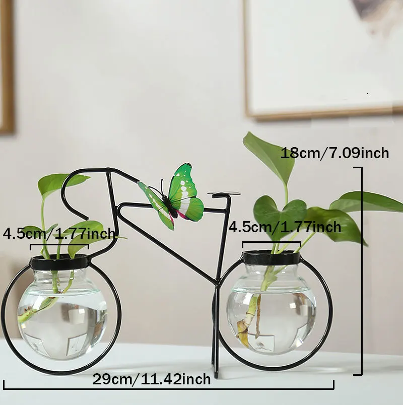 Гидропонная стеклянная ваза из кованого железа, украшения для велосипеда, прозрачный контейнер для цветочной композиции, аксессуары для украшения дома