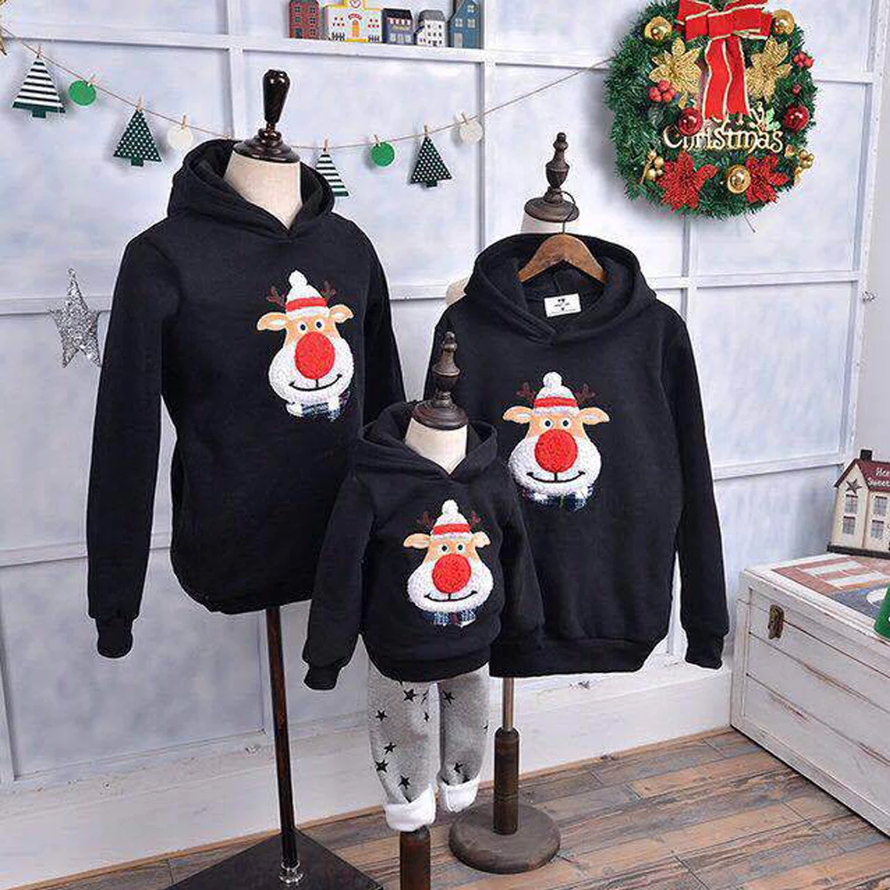 Лидер продаж; модные рождественские Семейные комплекты; толстовки с капюшоном для мамы и папы; пуловер; джемпер с принтом оленя; толстовки; топы