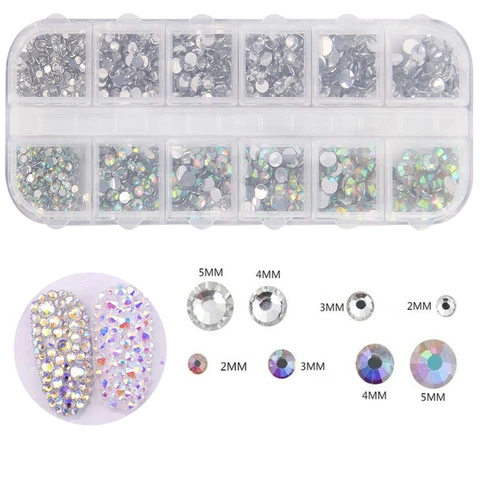 Rhinestones Nail Art Decoration 3D Multi Size AB Flatback Crystal Gems Glitter Nail Art Luxurious Decorations 12 Girds