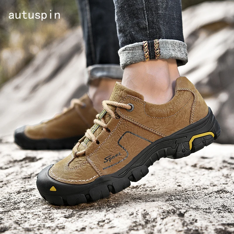 

autuspin Hiking Shoes Men Genuine Leather Soft Rubber Men's Sport Sneakers Outdoor Mountain Tactical Boots Trekking Hunting Shoe