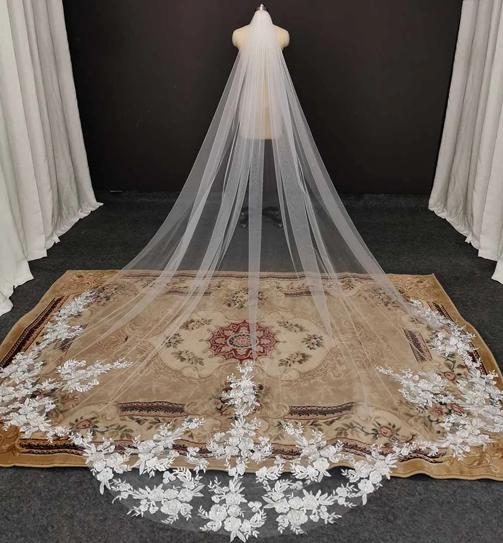 Customized Vintage Wedding Veil 3.5M Long Special Cut Royal Bridal Veil with Comb Bling Sequins Lace