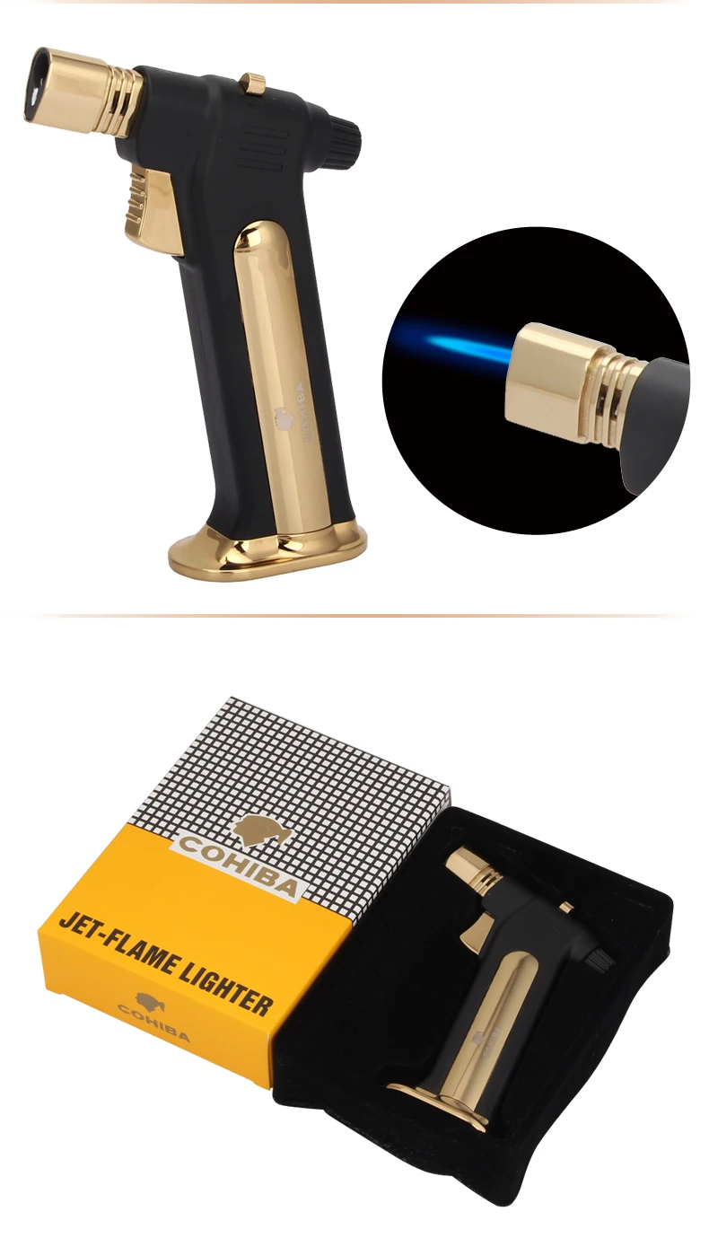COHIBA пистолет настольные зажигалки ветрозащитный 1 струйная Зажигалка для сигар газ бутан зажигалка для сигарет металлическое Пламя W/Подарочная коробка