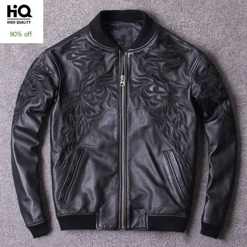 

Spring New Motorcycle Chaqueta Cuero Hombre Embroidery Stand Collar Bomber Jacket Men Hip Hop Cowhide Genuine Leather Pilot Coat