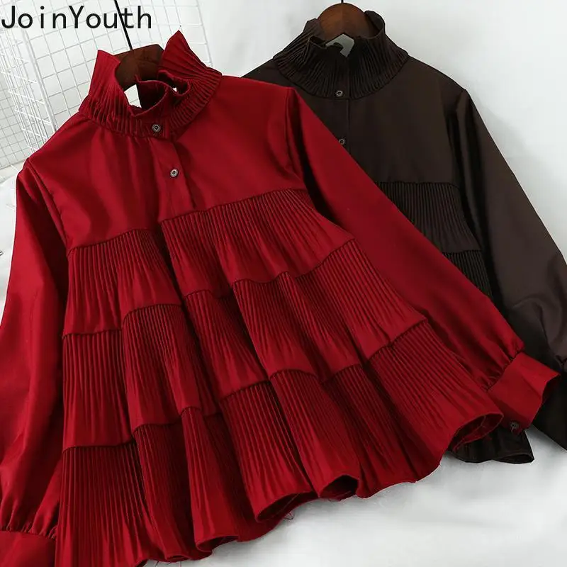 

Joinyouth Pleated Ruffle Women Doll Shirt Korean Buttons Stand Neck Long Sleeve Pullover Blouse 2020 Spring Solid Blusas 58521