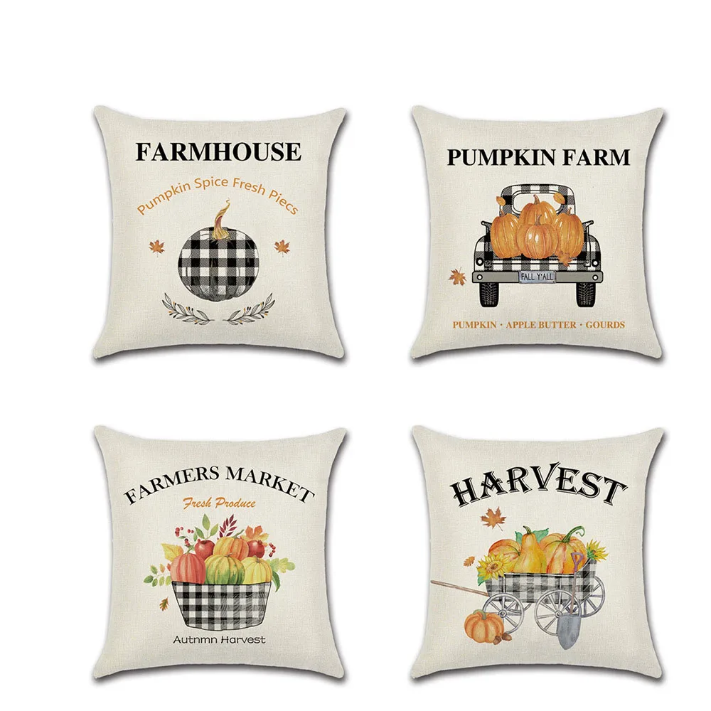 

Thanksgiving Day Linen Cushion Cover Decorative Black White Lattice Truck Pumpkin Pillowcase 45*45cm