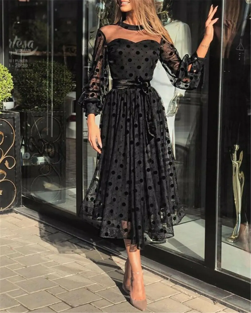 

Women Dress Polka Dot Ladies Long Sleeve Party Vadim Midi Dresses Autumn Pleated Vestidos Sundress Plus Size Dress Robe Femme
