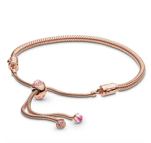 925 пробы Серебряный Браслет Роза персик раздвижная застежка Регулировка браслета подходит для женщин шарик Шарм ювелирные изделия