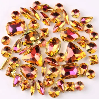 

Gold claw settings 50pcs/bag shapes mix Yellow rainbow glass crystal sew on rhinestone garments shoes bags diy trim