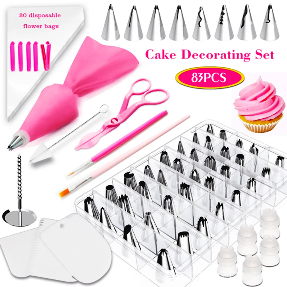 

83 Pieces Cake Decorating Kit Supplies With 44 Stainless Steel Piping Nozzle Tips Scissors Frosting Pastry Pen Coloring Utensils