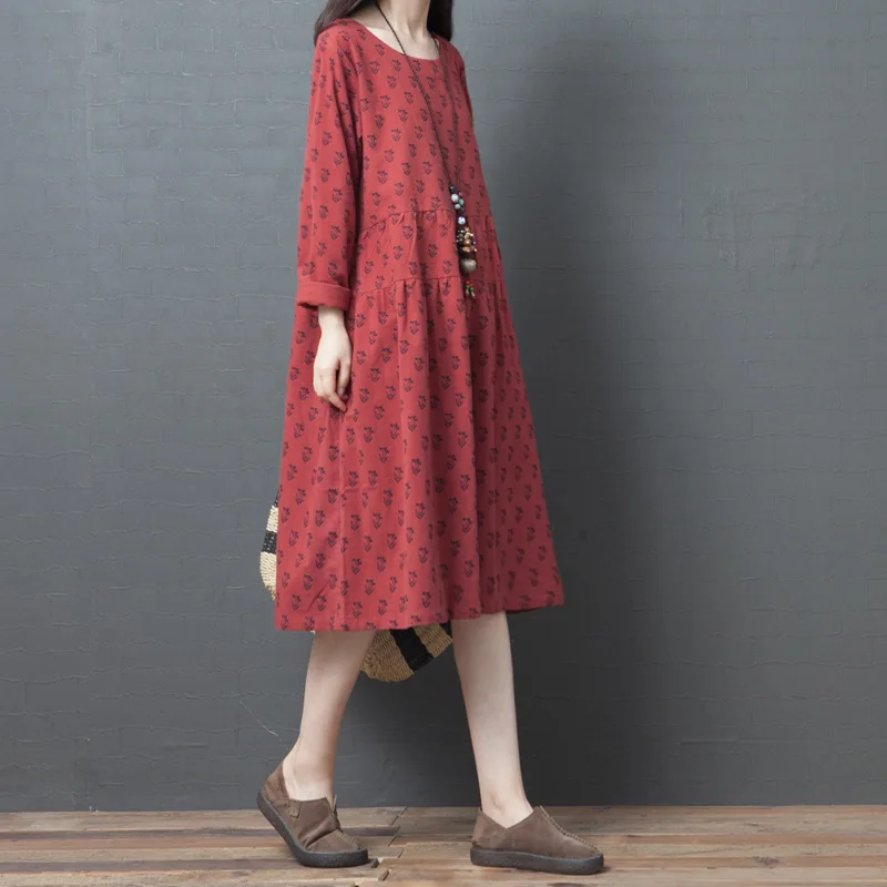 Johnature, корейская мода, цветочный принт, длинный рукав, женские платья, осень, новое удобное винтажное женское платье с круглым вырезом и карманами