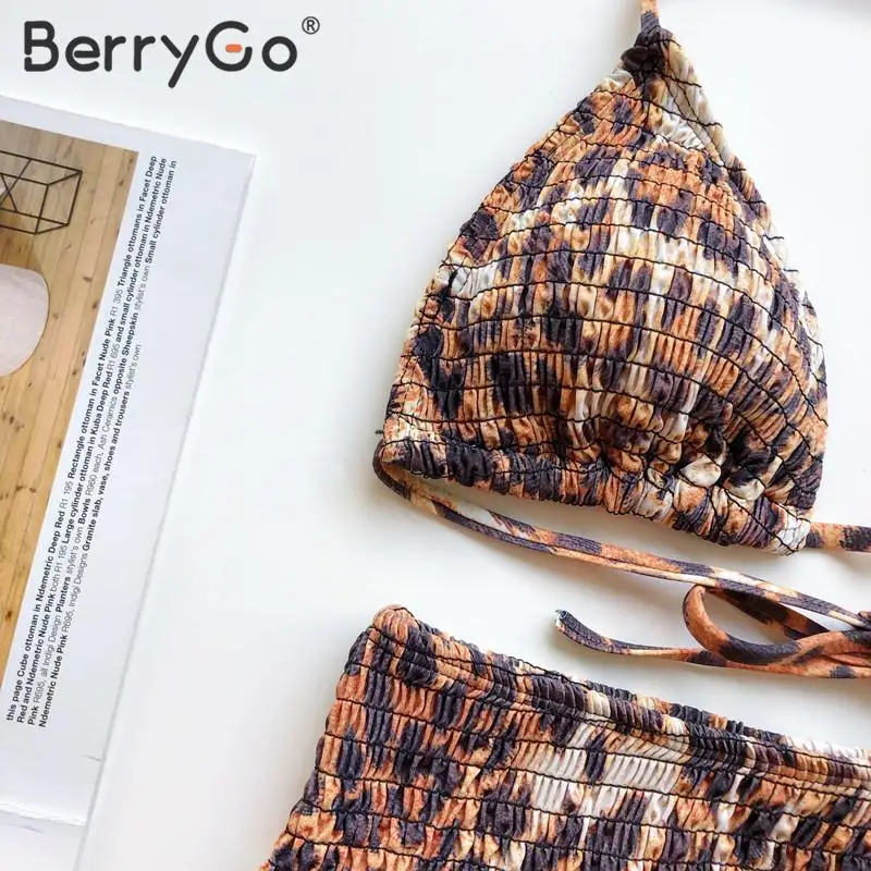BerryGo, сексуальный леопардовый принт, треугольный бикини, высокая талия, Женский Летний Бикини, 2 штуки, женский купальник с бретелькой через шею, пуш-ап, купальный костюм