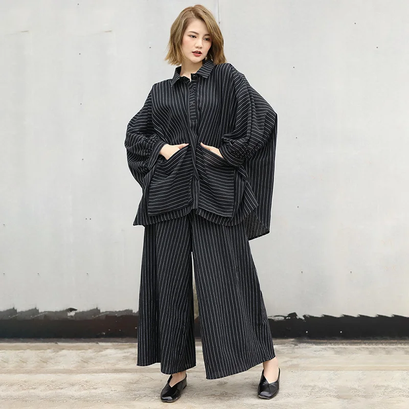 

2019 New Spring Autumn Fashion Striped Patchwork Batwing Sleeve Irregular Shirt And Loose Wide Leg Pants Two Pieces Set Suits
