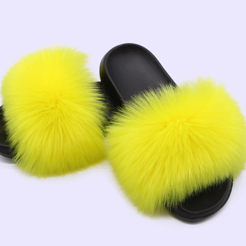 Women's Summer Faux Fur Fox Fur Slippers Fashion Luxury Indoor and Outdoor Non-Slip Solid Color Flat Bottom Furry  Sandals summer kids fur slippers fluffy raccoon fur slides children furry real fox fur flip flops indoor flat shoes girls fur sandals