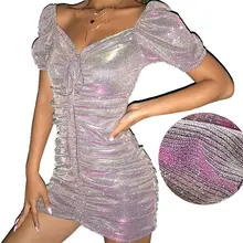 Для женщин; футболка с короткими рукавами сексуальное платье с открытыми плечами облегающее мини платье с блестками Светоотражающие со складками, на завязках для вечеринки, клуба, одежда