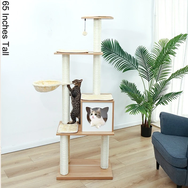 

65 inches Luxury Beige Multi-Level Modern Cat Tree Tower With Sisal-Covered Scratching Post Condo House For Small to Medium Cats