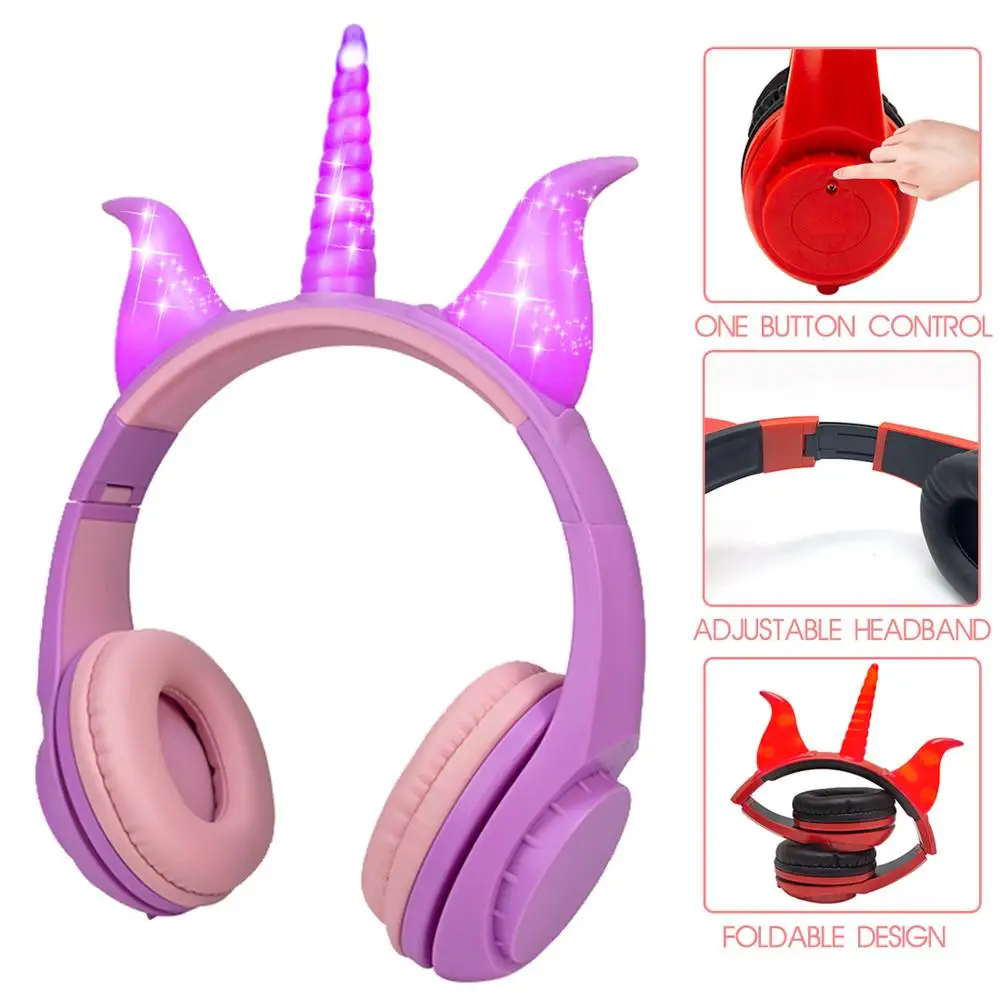Unicorns Kids Headphones Foldable Glowing Music Earphone with 3 5mm Plug for Phone PC Boys Girls Halloween Cosplay Gifts