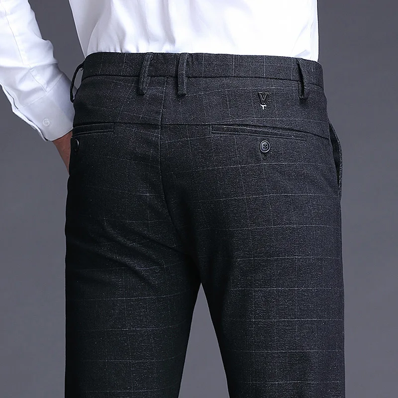 Черный High waist Men's Plus size Pencil pants trousers Autumn New Fashion cotton plaid suit pants men Skinny business trousers - Цвет: Черный