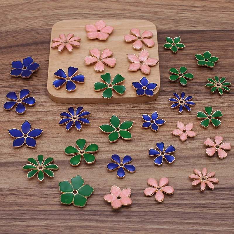 10pcs Metal Enamel Flower Beads Caps Blue Green Pink Filigree Flower Base Charms Pendants for Jewelry Making Components DIY