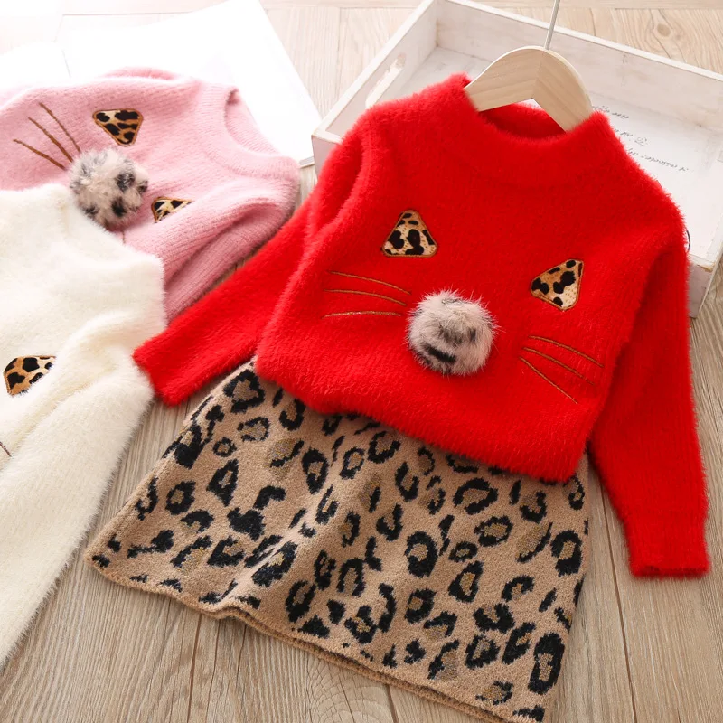 Yorkzaler Autumn Winter Kids Clothing Set For Girls Long Sleeve Sweater With Printed Leopard Skirt Casual Children 2pcs Outfits