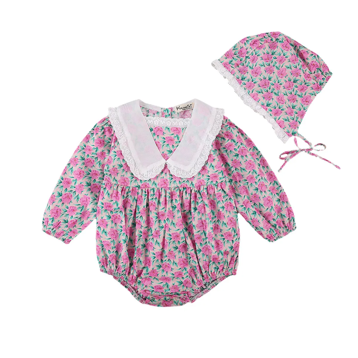 

2020 Autumn Newborn Toddler Long Sleeve Floral Peter Pan Collar Romper+ Hat 2Pcs Lotus Leaf Print Sweet Style Clothing 0-24M